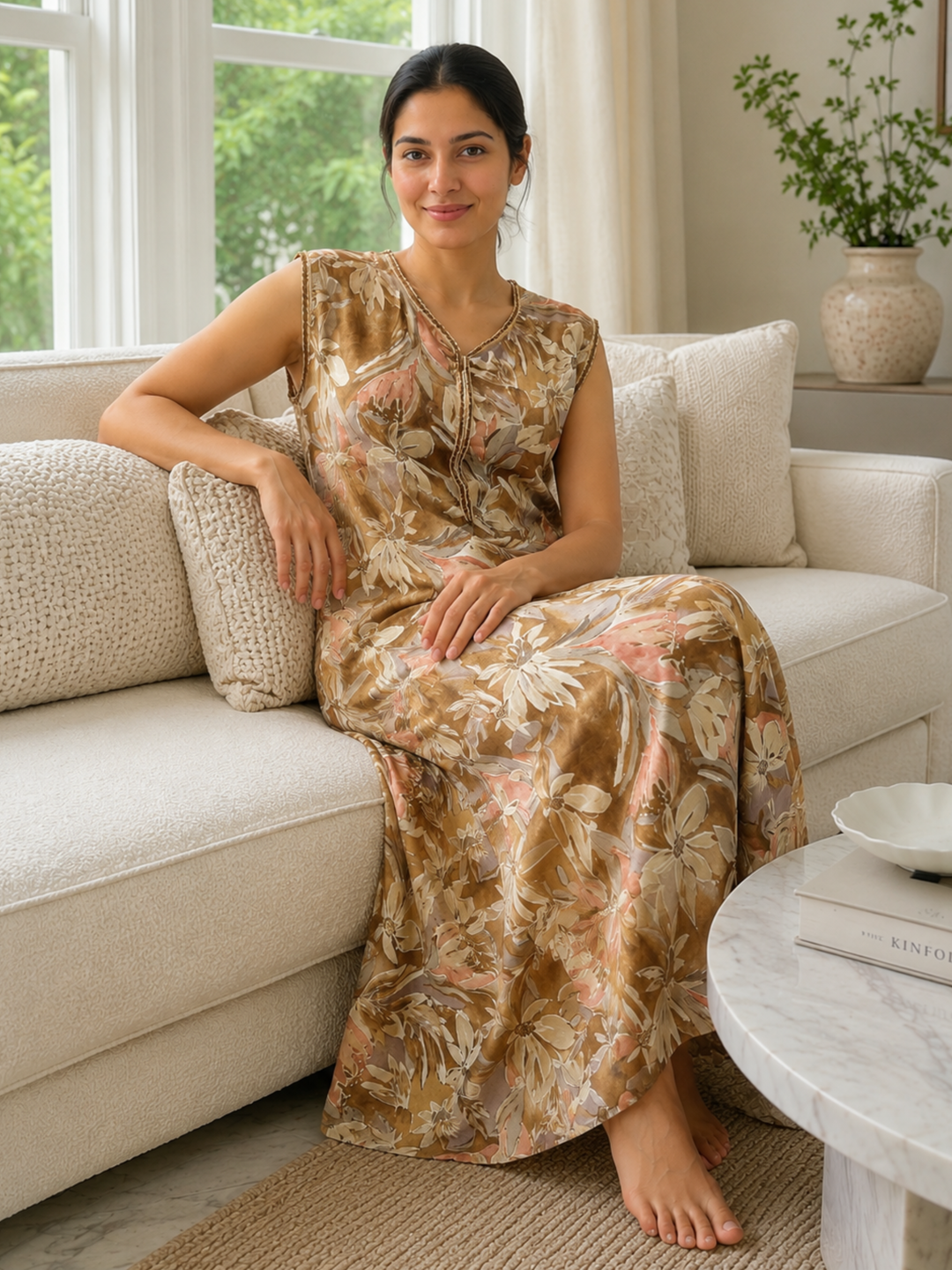 Elegant and premium yellow alpine nightydress for women in a fresh floral print.