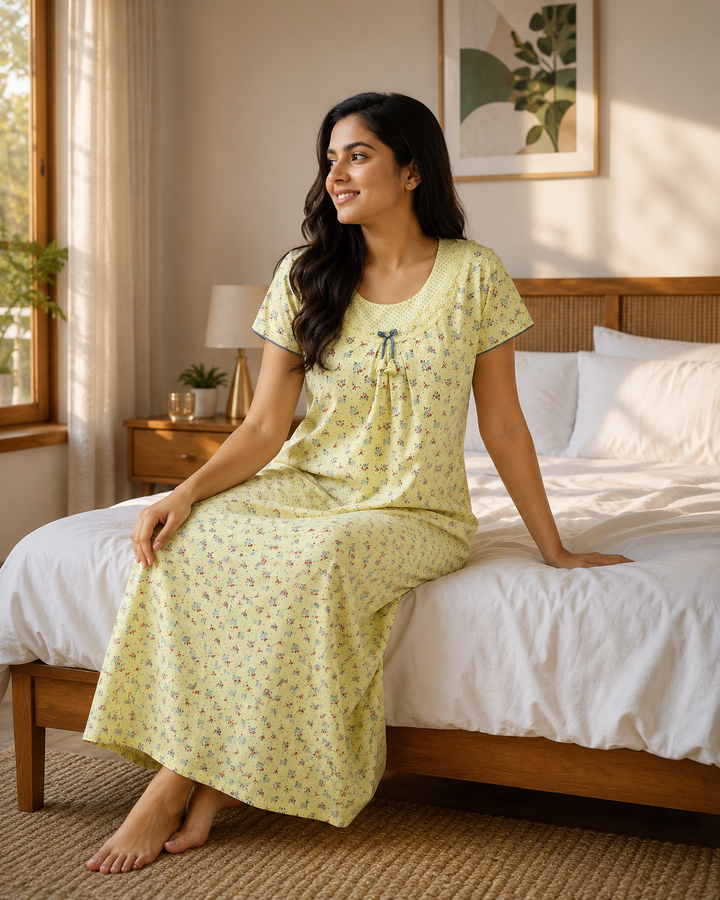 Yellow floral night dress for women in cotton blend fabric