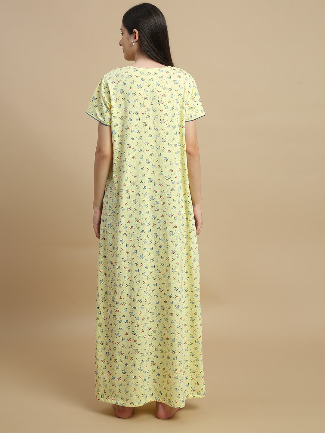 Yellow floral night dress for women in cotton blend fabric