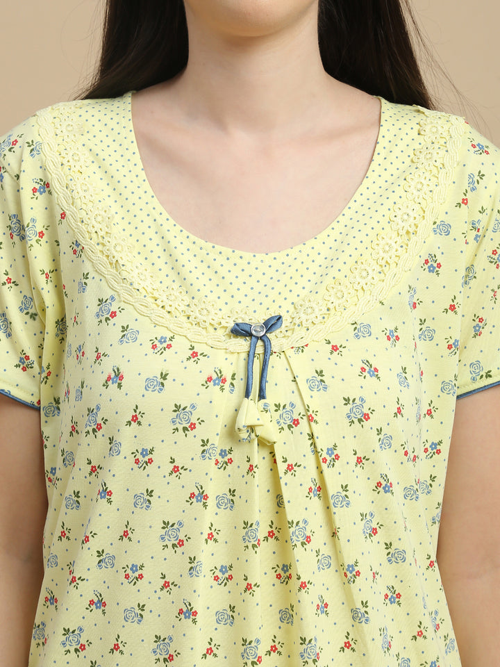 Yellow floral night dress for women in cotton blend fabric