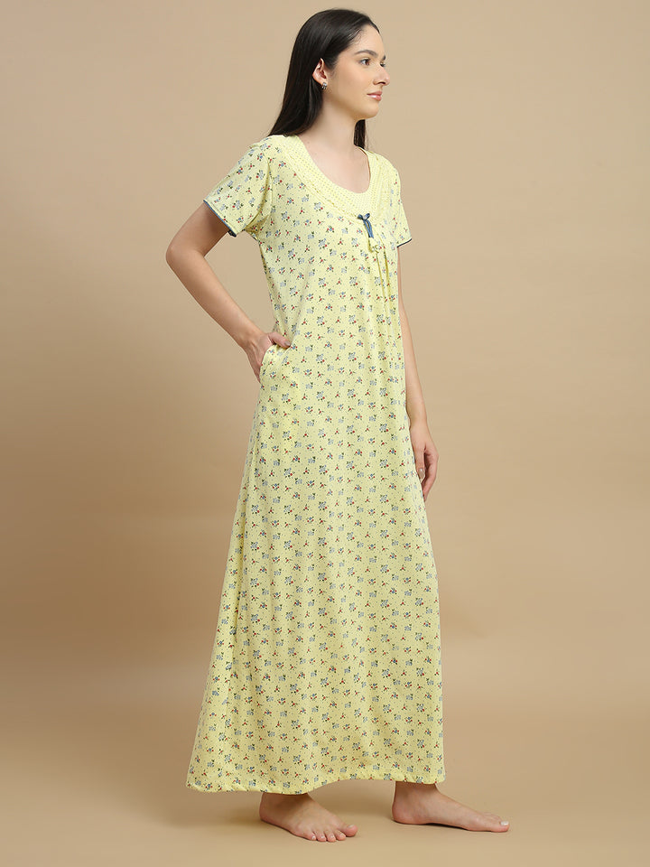 Yellow floral night dress for women in cotton blend fabric