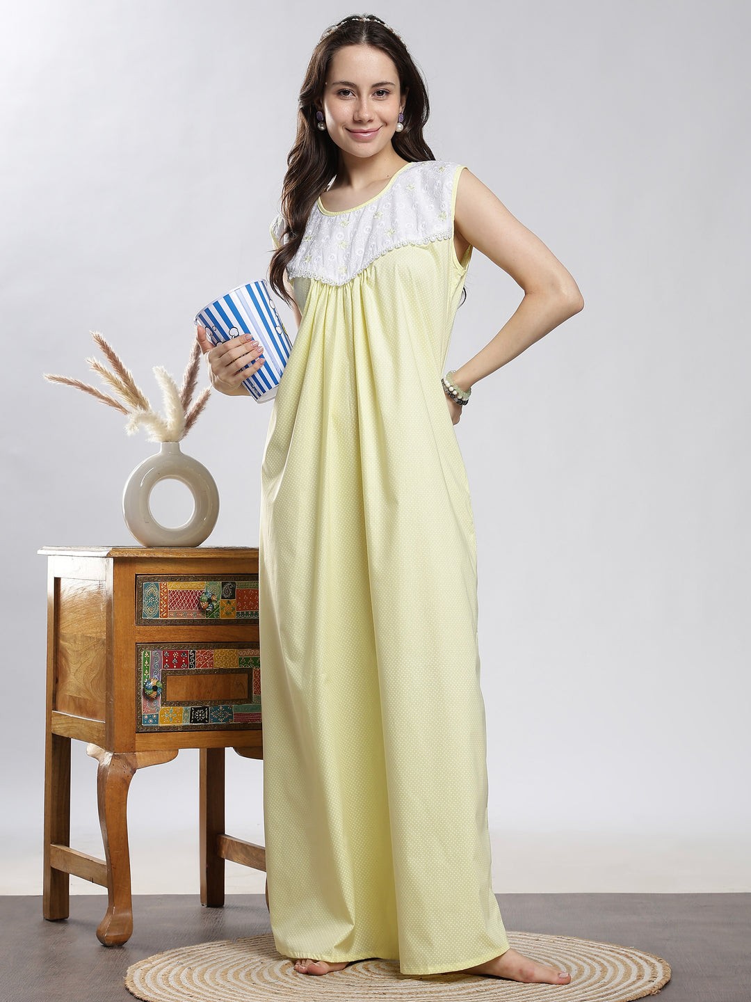 Pure cotton yellow sleeveless nighty for women