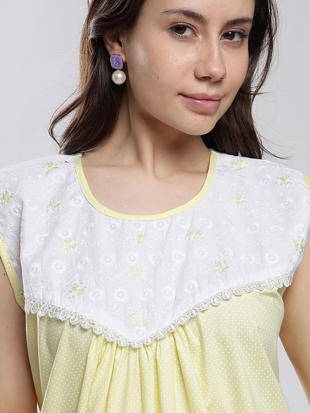 Pure cotton yellow sleeveless nighty for women