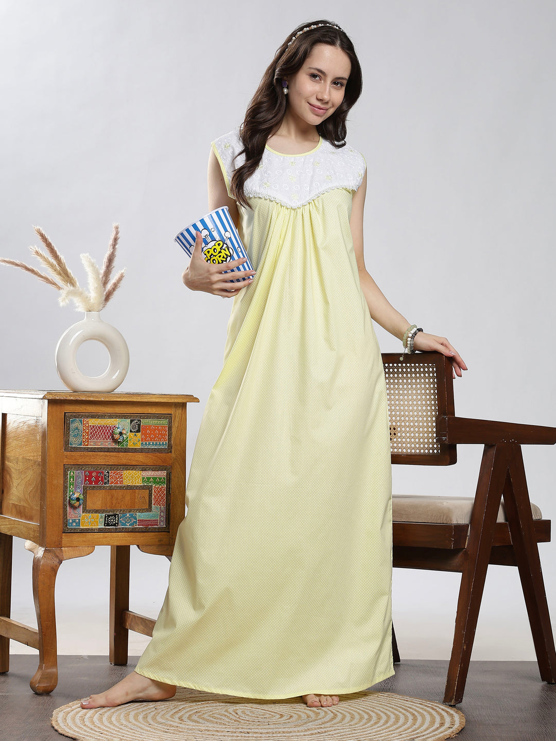 Pure cotton yellow sleeveless nighty for women