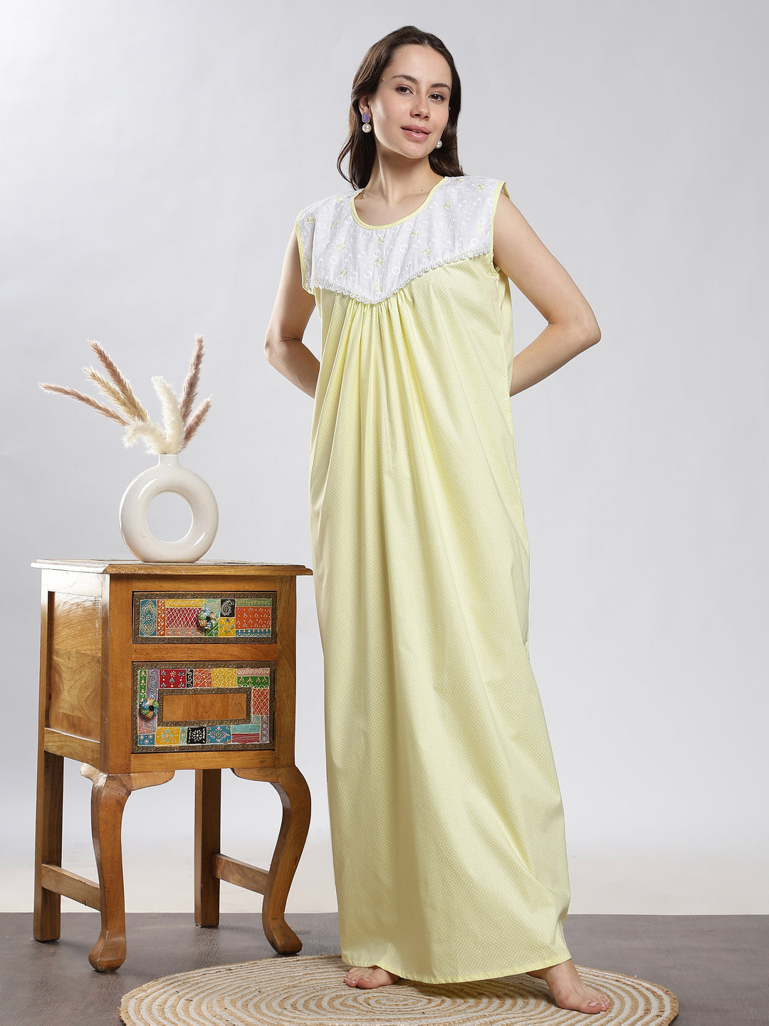 Pure cotton yellow sleeveless nighty for women
