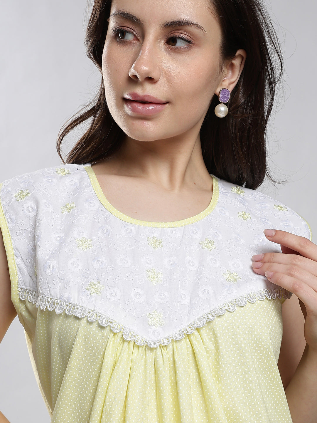 Pure cotton yellow sleeveless nighty for women