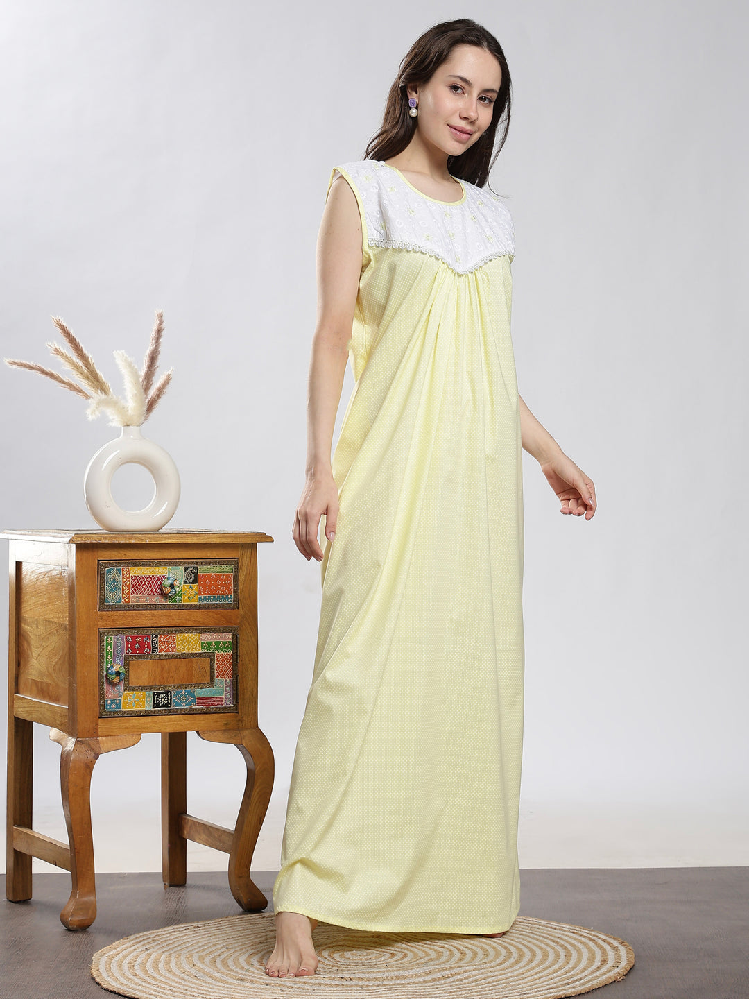 Pure cotton yellow sleeveless nighty for women
