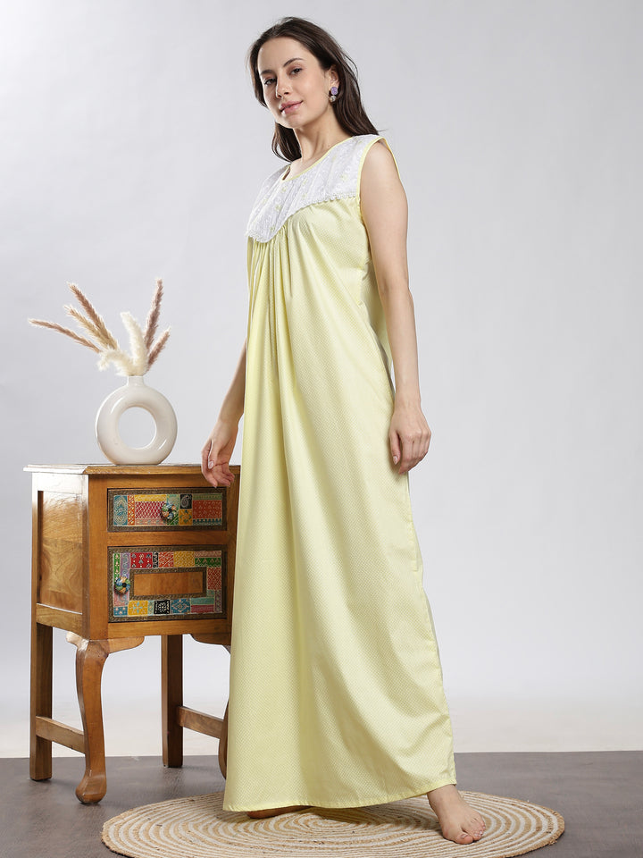 Pure cotton yellow sleeveless nighty for women