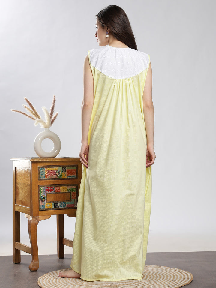 Pure cotton yellow sleeveless nighty for women