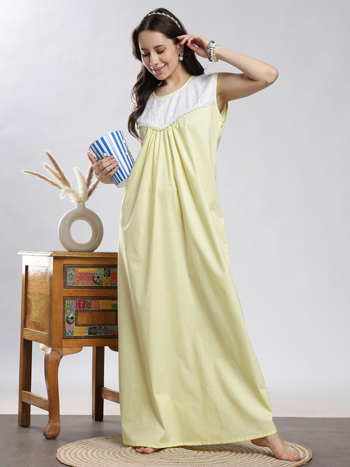 Pure cotton yellow sleeveless nighty for women