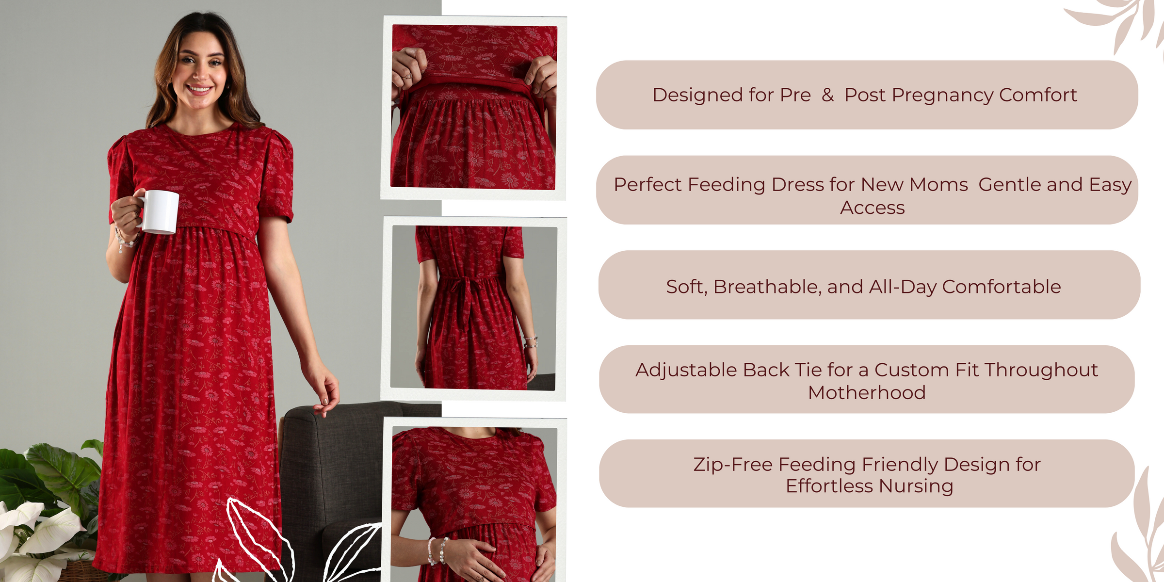 Zipless feeding nighty for maternity comfort with floral prints and easy nursing access