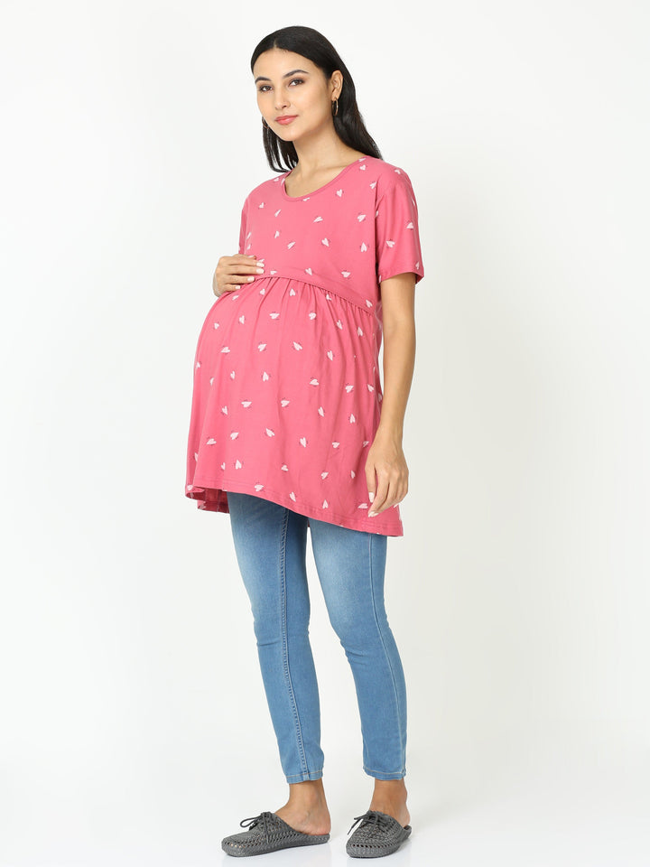 Trendy Red Hosiery Cotton Maternity Feeding Tops