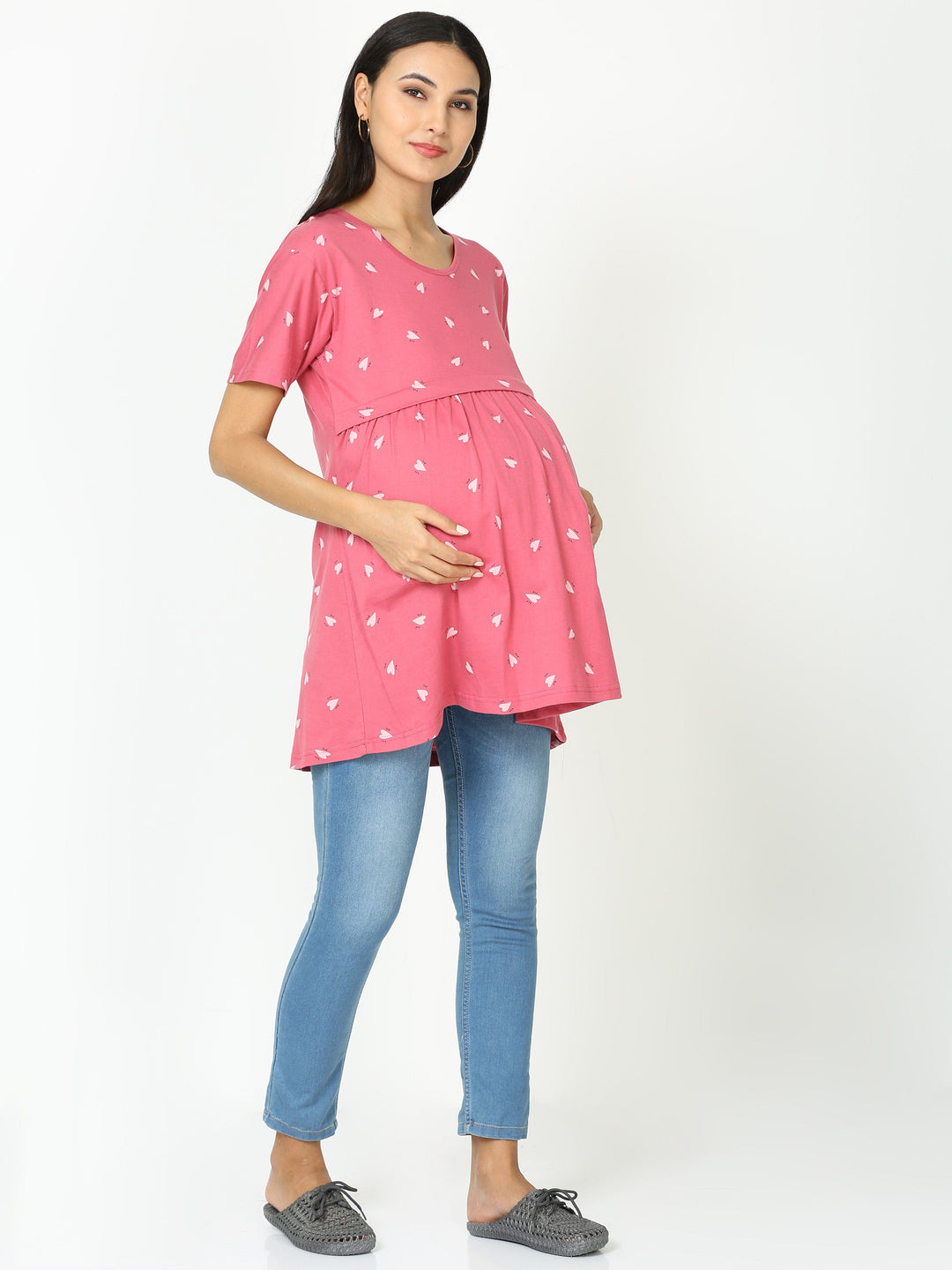 Trendy Red Hosiery Cotton Maternity Feeding Tops