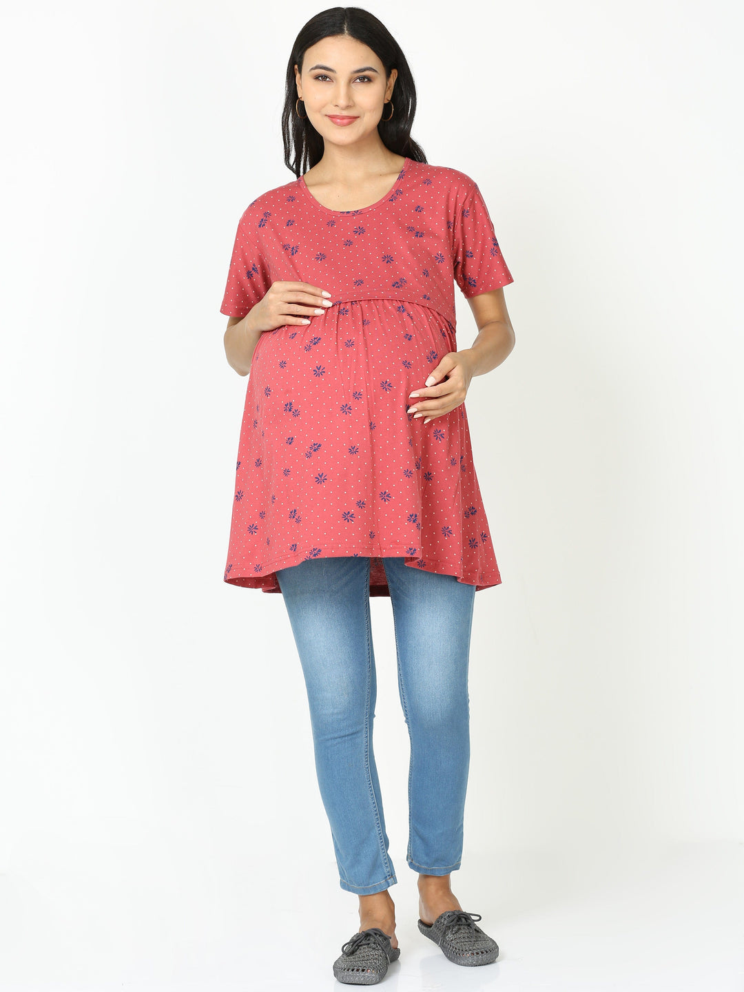 Orange Blue Cotton Maternity Feeding Tops for Women