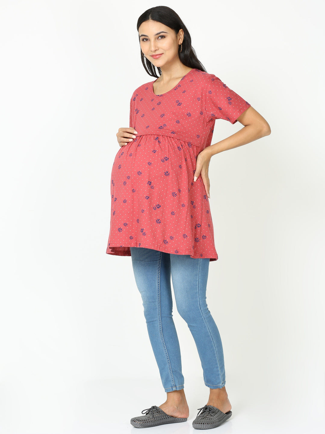 Orange Blue Cotton Maternity Feeding Tops for Women