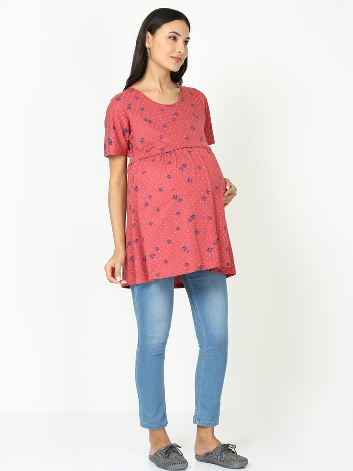 Orange Blue Cotton Maternity Feeding Tops for Women